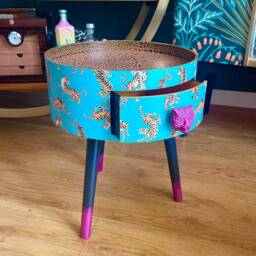 Tiger Print Wooden Round Bedside Table. Multiple Colours Available Pink, Lilac, Mint, Turquoise, Navy. Ideal For Nightstand Or Side Table - thumbnail 2