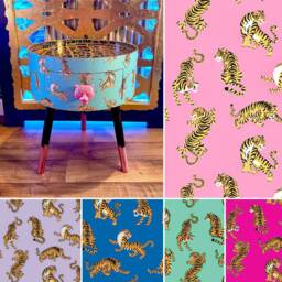 Tiger Print Wooden Round Bedside Table. Multiple Colours Available Pink, Lilac, Mint, Turquoise, Navy. Ideal For Nightstand Or Side Table
