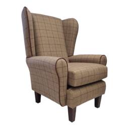 Queen Anne Wing Back Cottage Fireside Chair Bamburgh Brown/Heather - Solid Wood Mahogany Legs - thumbnail 1