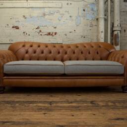 Handmade 3 Seater Vintage Tan Leather & Warm Grey Herringbone Wool Chesterfield Sofa - thumbnail 2