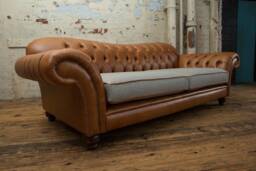 Handmade 3 Seater Vintage Tan Leather & Warm Grey Herringbone Wool Chesterfield Sofa - thumbnail 1