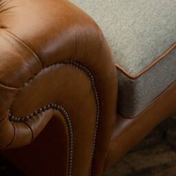 Handmade 3 Seater Vintage Tan Leather & Warm Grey Herringbone Wool Chesterfield Sofa - thumbnail 4