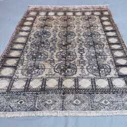Neutral Silk Blend Area Rug 4x5 Ft, Geometric Grid Pattern Turkmen Rug, Soft Cream Grey Accent Hand Woven Luxury Wool Rug - thumbnail 2