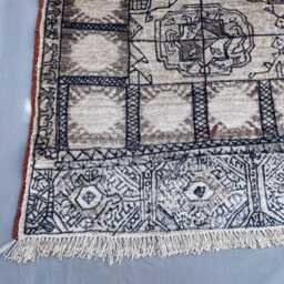 Neutral Silk Blend Area Rug 4x5 Ft, Geometric Grid Pattern Turkmen Rug, Soft Cream Grey Accent Hand Woven Luxury Wool Rug - thumbnail 4