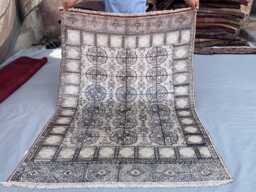 Neutral Silk Blend Area Rug 4x5 Ft, Geometric Grid Pattern Turkmen Rug, Soft Cream Grey Accent Hand Woven Luxury Wool Rug