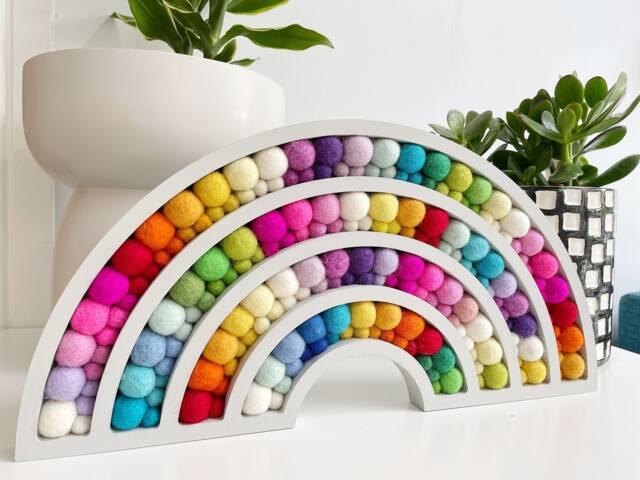 Wooden Felt Ball Rainbow, Pom Nursery Decor - image 1