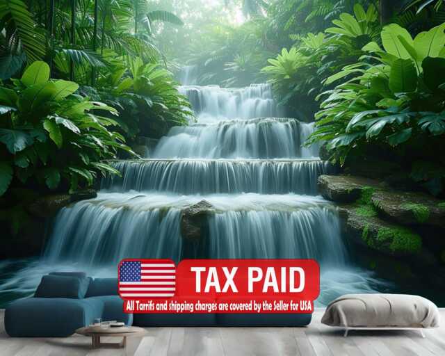 Tropical Waterfall Wallpaper Mural, Green Jungle, Peel & Stick Decal - image 1