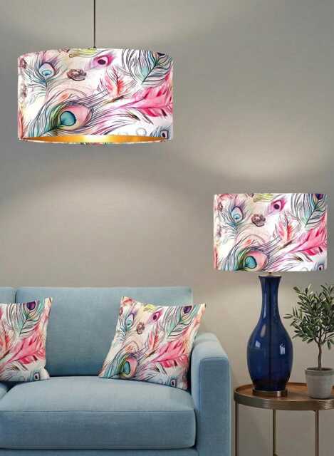 Handmade By Order Luxury Pink Peacock Feathers On Velvet Drum Lamp Shade Pendant Light All Sizes & Shapes Available - image 1