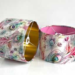 Handmade By Order Luxury Pink Peacock Feathers On Velvet Drum Lamp Shade Pendant Light All Sizes & Shapes Available - thumbnail 3