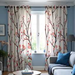 Bird & Branch Curtains, Nature Inspired Tree Print Drapes, Beige Red Botanical Panels, Made To Measure Curtains - thumbnail 3