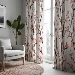 Bird & Branch Curtains, Nature Inspired Tree Print Drapes, Beige Red Botanical Panels, Made To Measure Curtains - thumbnail 4