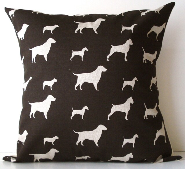 New 18x18 Inch Designer Handmade Pillow Case in Brown & Linen Dogs