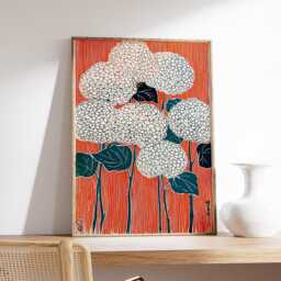 Japanese Hydrangea Poster, Modern Floral Wall Art, Red & White Botanical Print, Minimalist Nature Illustration, Contemporary Home Decor - thumbnail 2
