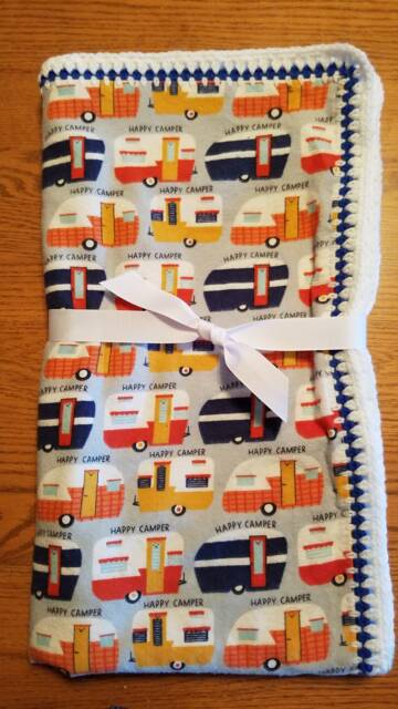Flannel Baby Blanket/Throw With Vintage Trailers Print & Crocheted Edges - image 1