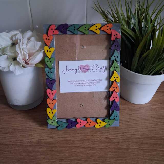 Rainbow Wooden Heart Button Photo Frame 4 X 6 Inches - image 1