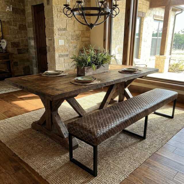 Handmade Diamond Stitched Leather Dining Bench - Fabricated Steel Frame Rgb - image 1