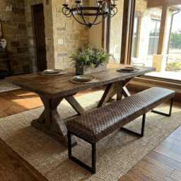 Handmade Diamond Stitched Leather Dining Bench - Fabricated Steel Frame Rgb - thumbnail 1