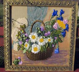 Ribbon Embroidered Tapestry, Summer Floral Basket - 50x50 cm, Unframed