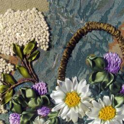 Ribbon Embroidered Tapestry, Summer Floral Basket - 50x50 cm, Unframed - thumbnail 3