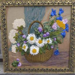 Ribbon Embroidered Tapestry, Summer Floral Basket - 50x50 cm, Unframed - thumbnail 2