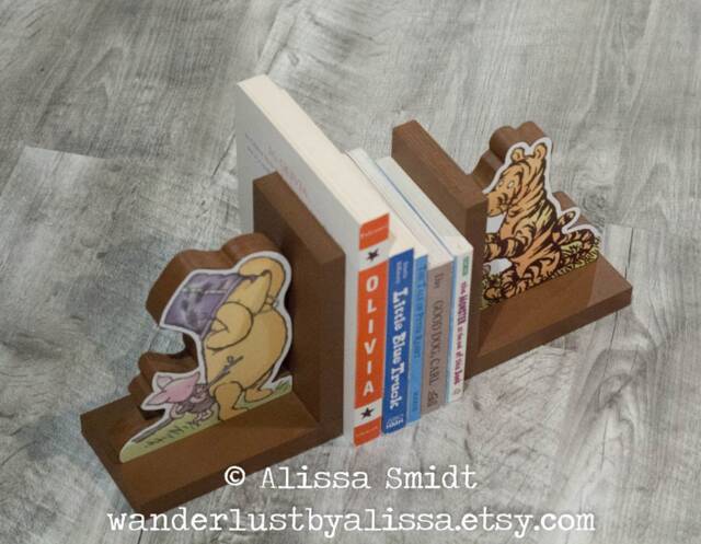 Winnie The Pooh Bookends, Wood Bookends - Custom Created - Classic Winnie Pooh, Tigger, Piglet Bookends - image 1