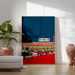 Retro Diner Wall Art Print, Vintage Americana Poster With Classic Cars, 1950S Night Scene Decor - thumbnail 2