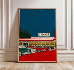 Retro Diner Wall Art Print, Vintage Americana Poster With Classic Cars, 1950S Night Scene Decor - thumbnail 1