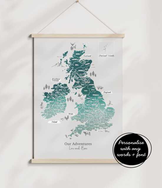 Personalised Scratch Off Map Hand Drawn Watercolour UK Map Of England Ireland Scotland - Sea Spray Colours - image 1