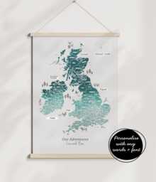 Personalised Scratch Off Map Hand Drawn Watercolour UK Map Of England Ireland Scotland - Sea Spray Colours - thumbnail 1