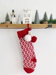 Crocheted Christmas Stocking, Mosaic Design With Pom-Poms - thumbnail 1