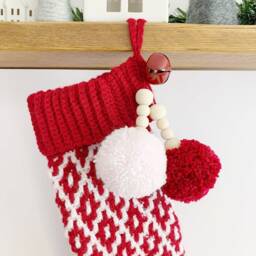Crocheted Christmas Stocking, Mosaic Design With Pom-Poms - thumbnail 2