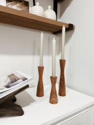 Wooden Set Of 3 Candlesticks With Gold - Primitive Candle Holder Pillar Hardwood Taper Holders