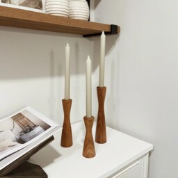 Wooden Set Of 3 Candlesticks With Gold - Primitive Candle Holder Pillar Hardwood Taper Holders - thumbnail 2