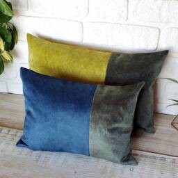 Color Block Velvet Pillow Cover Lime Green, Blue & Dark Green - thumbnail 2