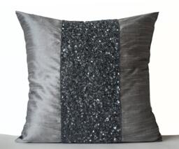 Beaded Pillows, Gray Silk Pillow Cover, Gray Cushion, Grey Sequin Pillow, Housewarming Gift, Birthday Anniversary - thumbnail 1