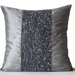Beaded Pillows, Gray Silk Pillow Cover, Gray Cushion, Grey Sequin Pillow, Housewarming Gift, Birthday Anniversary - thumbnail 2