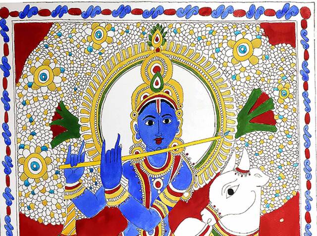 Krishna Kalamkari Style Painting Indian Home Decor, Wall Art - image 1