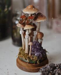 Mushroom & Amethyst Crystal Terrarium - Under Glass Dome Magic Witchy Decoration - thumbnail 1