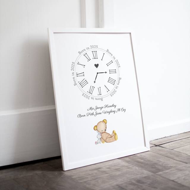 Personalised Safari Animals Print, Including Birth Details, New Baby Gift, Featuring Elephants, Giraffes & Lions, Stars Moon - image 1