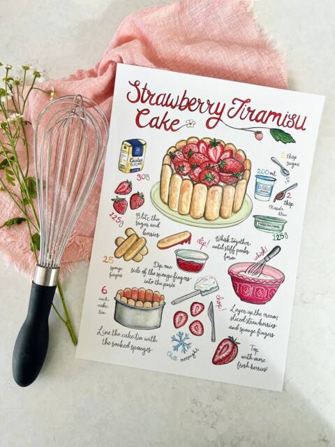 strawberry Tiramisu Cake Recipe Illustration, Art Print, A5, A4, A3 - image 1