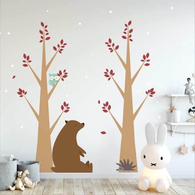 Nursery Forest Tree Wall Vinyl Stickers With Animals - Childrens Decals Kids Sticker Bedroom Playroom Decor Art Bear Birds Butterflies - image 1
