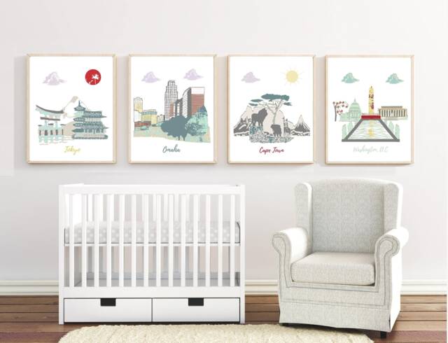 Travel Theme Nursery Art Prints Tokyo, Omaha, Cape Town, Washington D.c - image 1