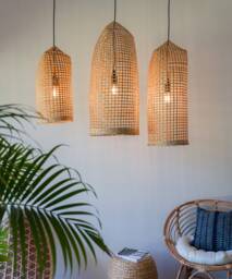 Tall Woven Repurposed Fish Trap Pendant Light Shade Artisan Long Bamboo Wood Basket Lampshade