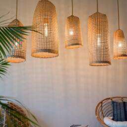 Tall Woven Repurposed Fish Trap Pendant Light Shade Artisan Long Bamboo Wood Basket Lampshade - thumbnail 2