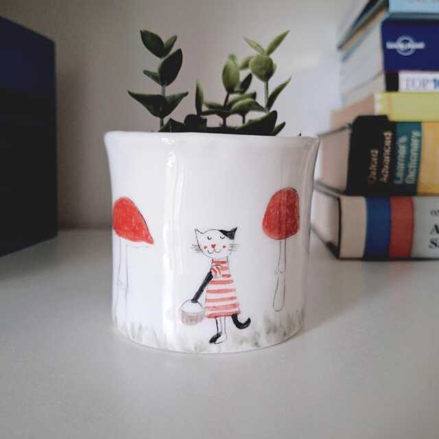 Handmade Ceramic Cat Planter Mushroom Decor - image 1