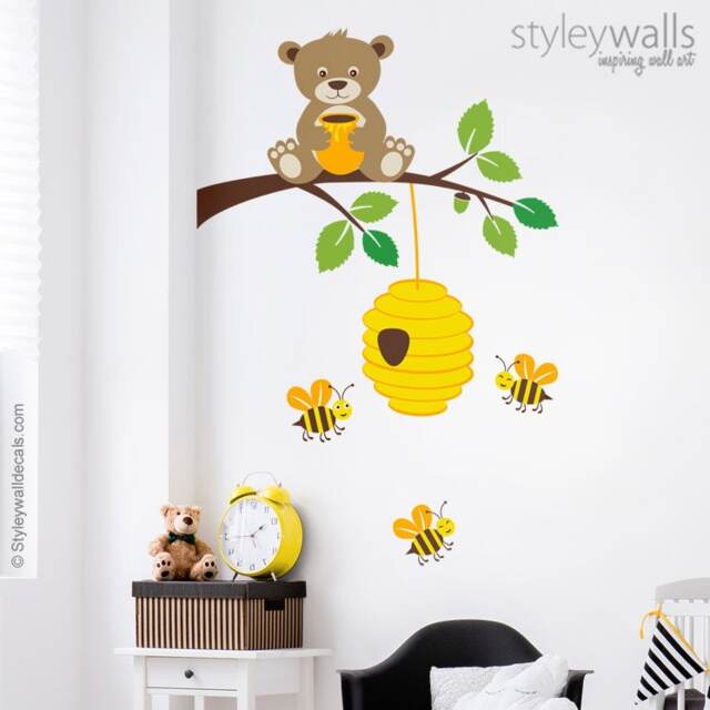 Bear Wall Decal, Sticker, Bees & Branch Hive Kids Baby Room Nursery Decor - image 1