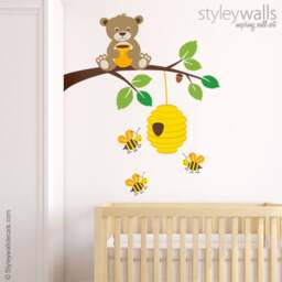 Bear Wall Decal, Sticker, Bees & Branch Hive Kids Baby Room Nursery Decor - thumbnail 2