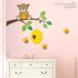 Bear Wall Decal, Sticker, Bees & Branch Hive Kids Baby Room Nursery Decor - thumbnail 3