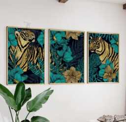 Tiger Wall Art Set Of 3 - Teal & Gold Jungle Prints Tropical Animal Artwork Luxury Nature Decor For Living Room Or Bedroom - thumbnail 1