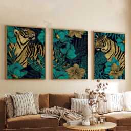 Tiger Wall Art Set Of 3 - Teal & Gold Jungle Prints Tropical Animal Artwork Luxury Nature Decor For Living Room Or Bedroom - thumbnail 3
